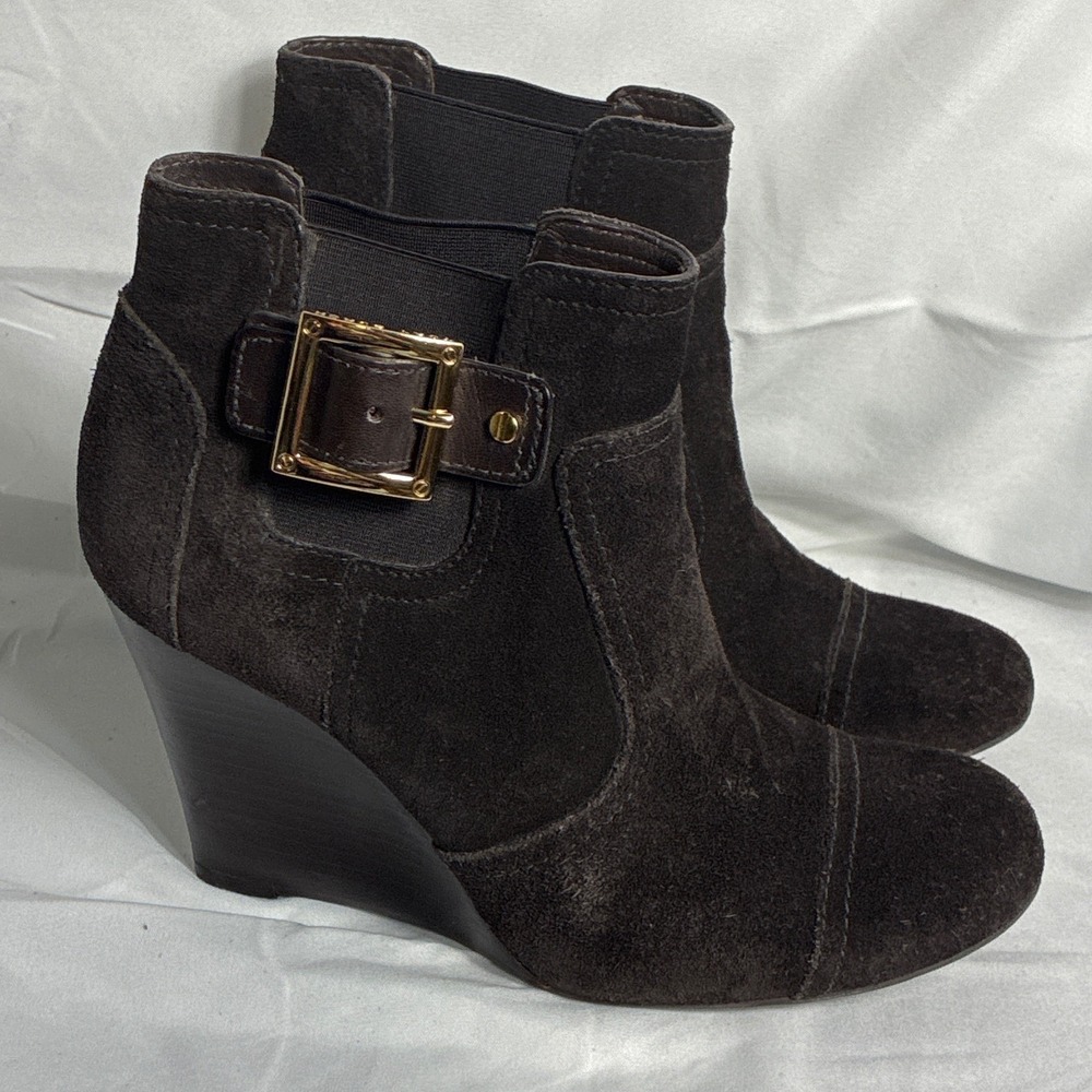 Tory Burch Brown Suede Wedge Ankle Boots Gold Buckle Size 8M Made in Brazil